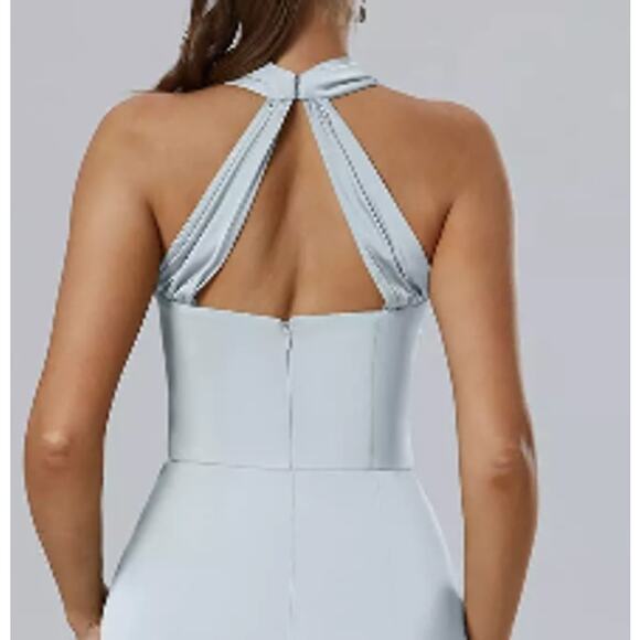 FORMAL AW SZ 12 L baby blue Satin Maharaol Floral Bridesmaid maxi Dress New b147 - Picture 4 of 5